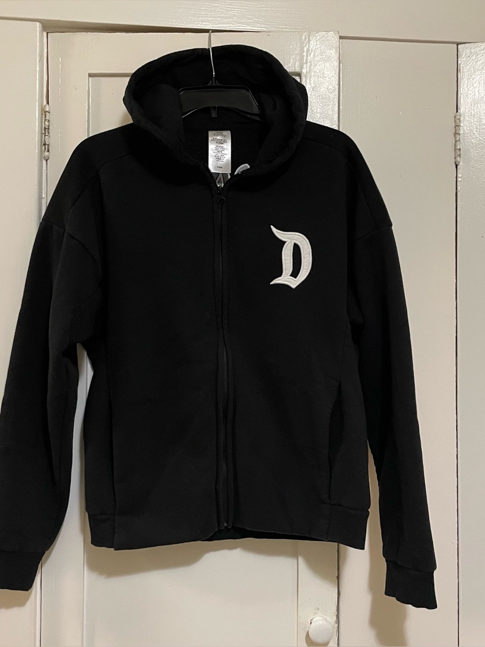 Disney Black Hooded Zip Jacket with White 'D' Emblem Women’s small